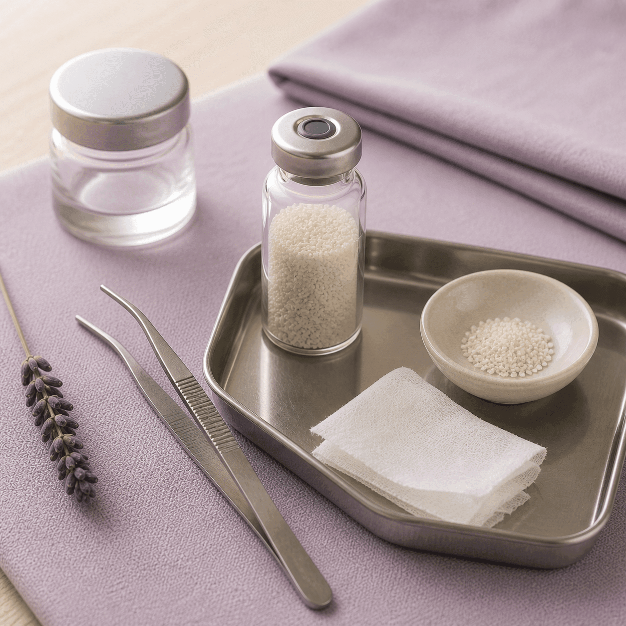Sterile bone grafting materials prepared on a tray at A Dental Office in Barrie, Ontario