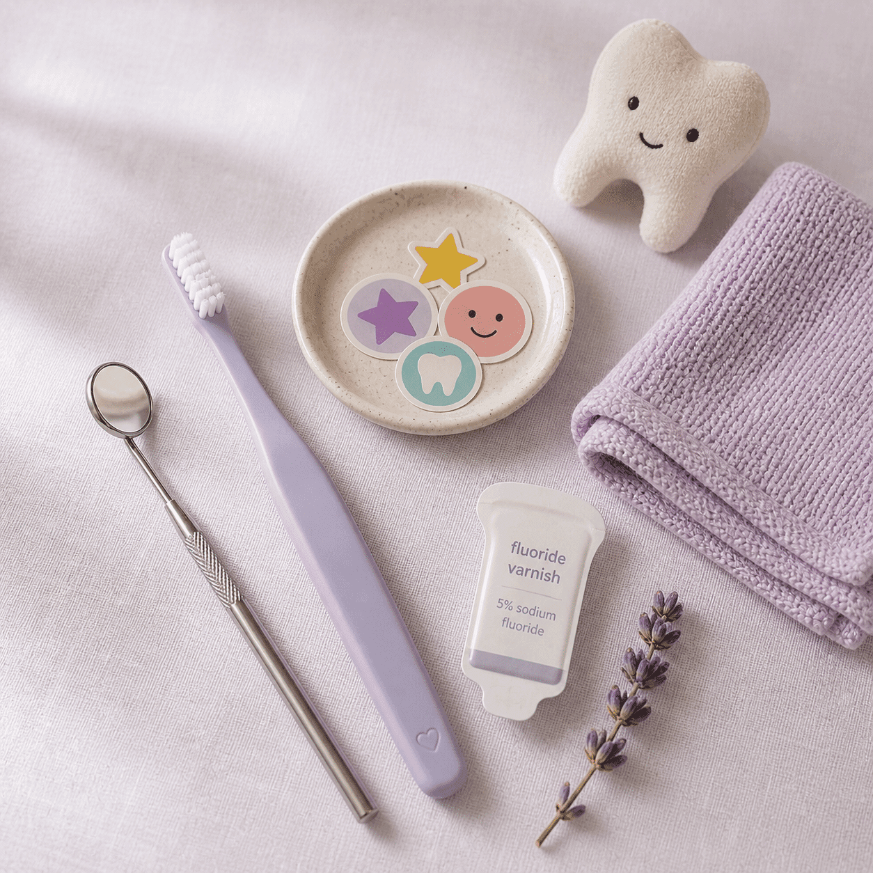 Still-life of gentle kid-sized dental care objects — children's dentistry at A Dental Office, Barrie