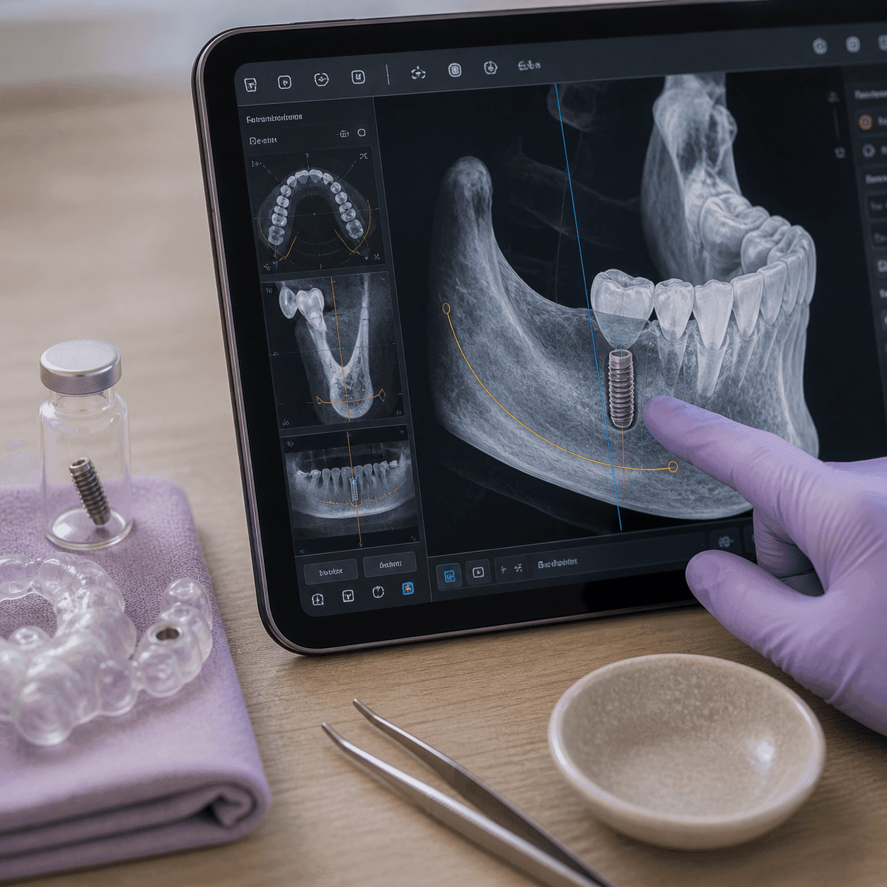 3D-guided implant planning on a CBCT scan beside a titanium implant fixture at A Dental Office, Barrie