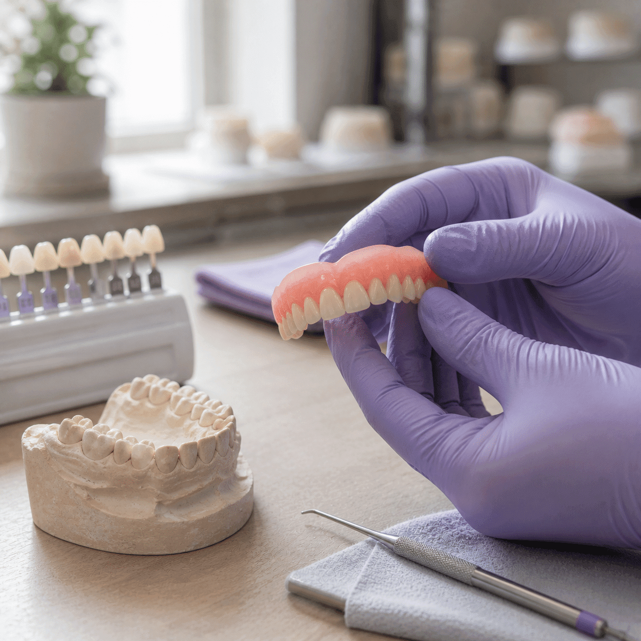 Dental lab close-up of a custom modern denture held up to natural light at A Dental Office, Barrie