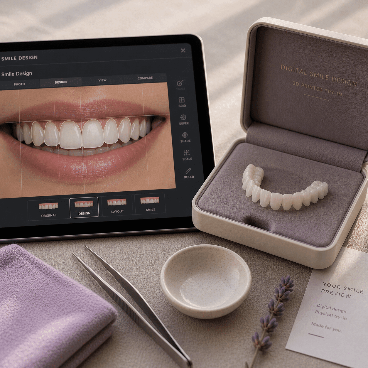Digital smile design preview on screen beside a 3D-printed try-in mock-up at A Dental Office in Barrie, Ontario