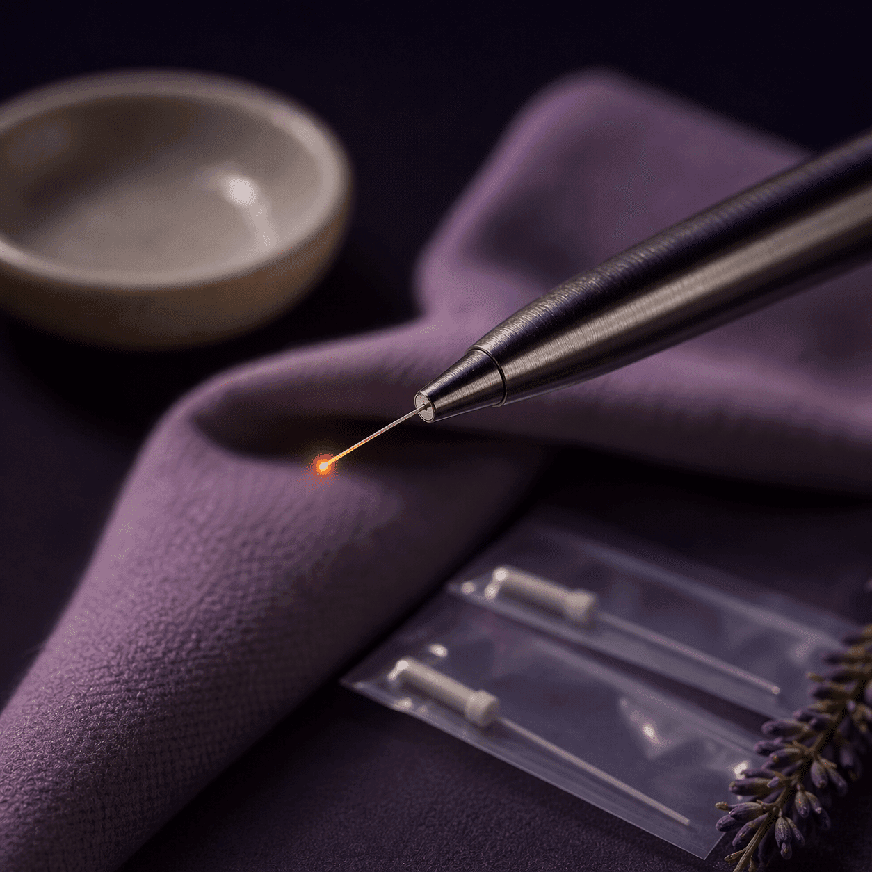 Macro close-up of a modern dental diode laser fibre tip glowing gently — Diode Laser Treatment at A Dental Office in Barrie, Ontario