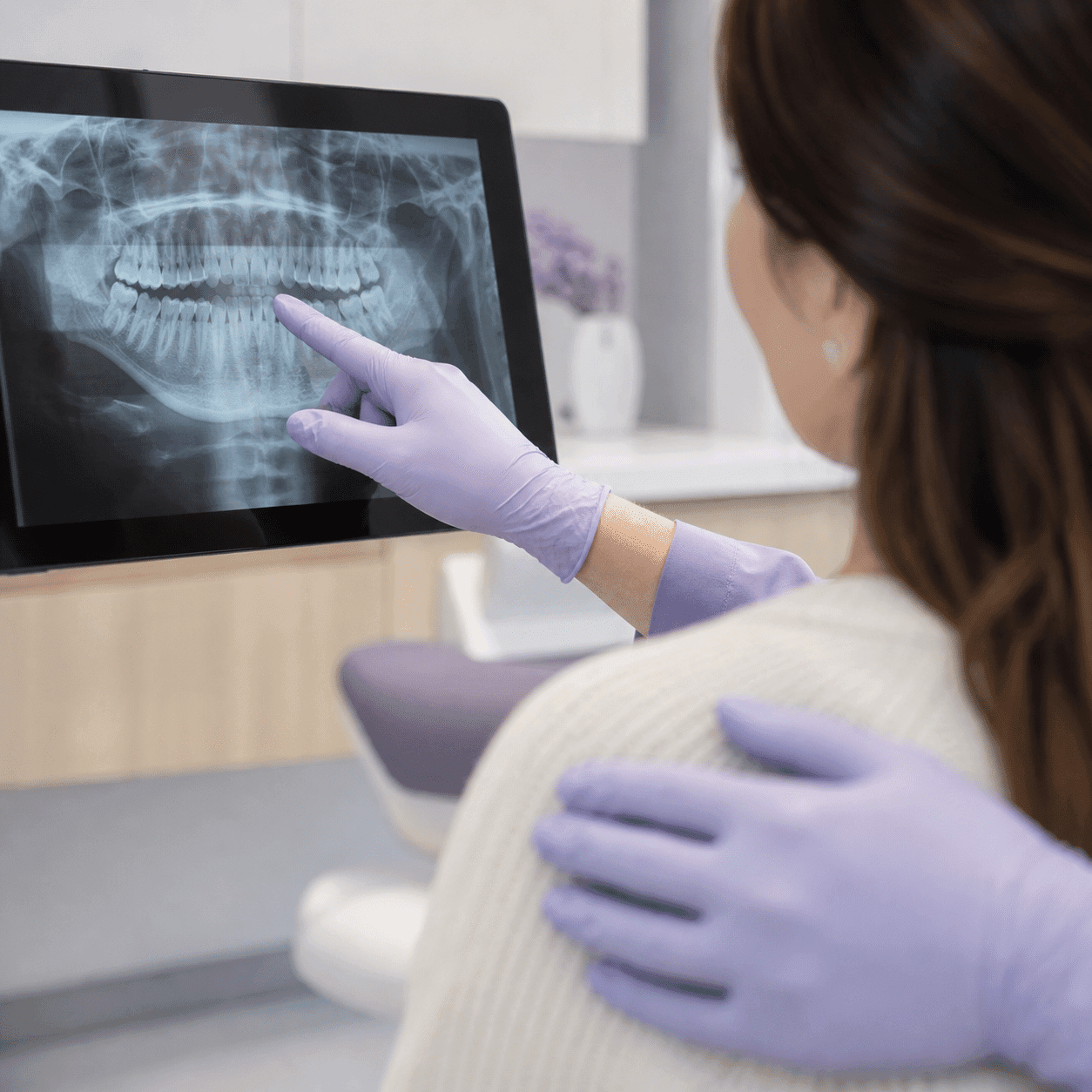Dentist reviewing a digital X-ray during emergency triage at A Dental Office, Barrie