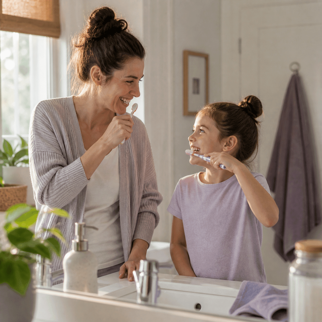Parent and child sharing a healthy smile during morning routine — oral hygiene care at A Dental Office in Barrie, Ontario