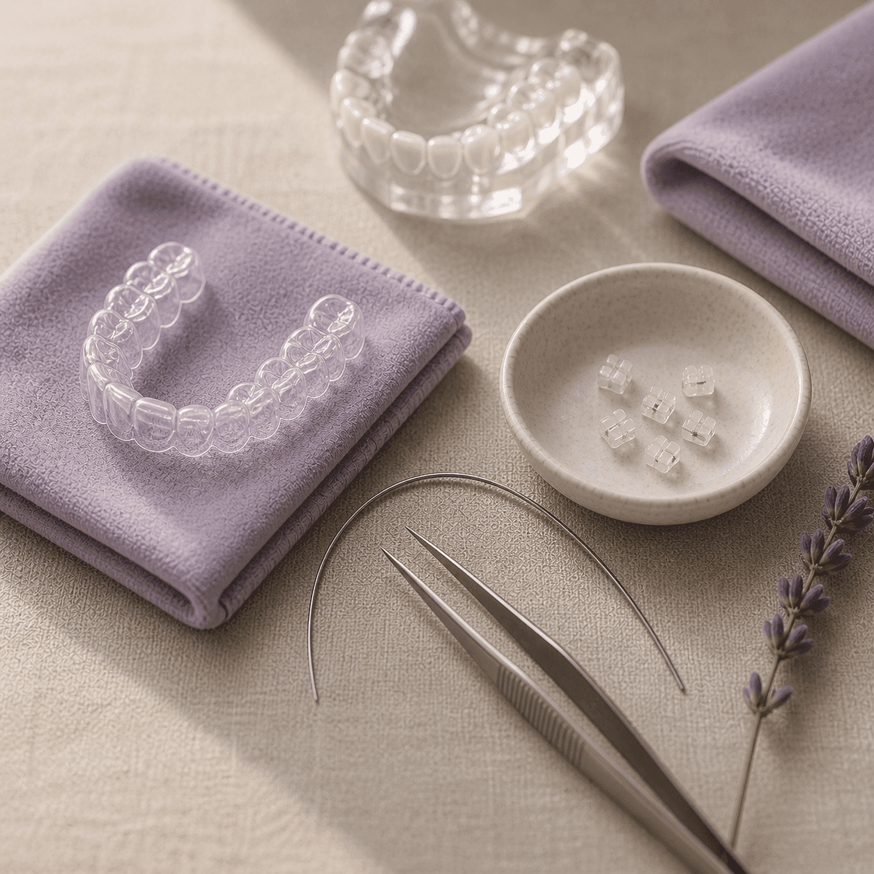 Clear aligner and modern ceramic ortho brackets shown side by side at A Dental Office in Barrie, Ontario