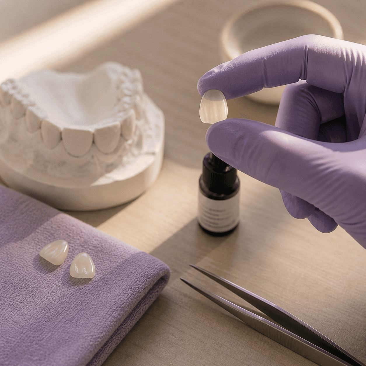Gloved fingertips holding a translucent porcelain veneer to natural light at A Dental Office in Barrie, Ontario