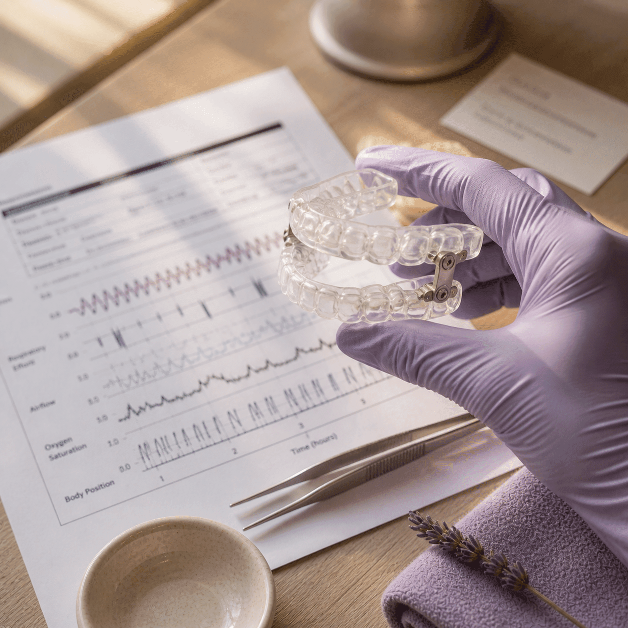 Custom oral sleep apnea appliance held to natural light beside a sleep study report at A Dental Office in Barrie, Ontario