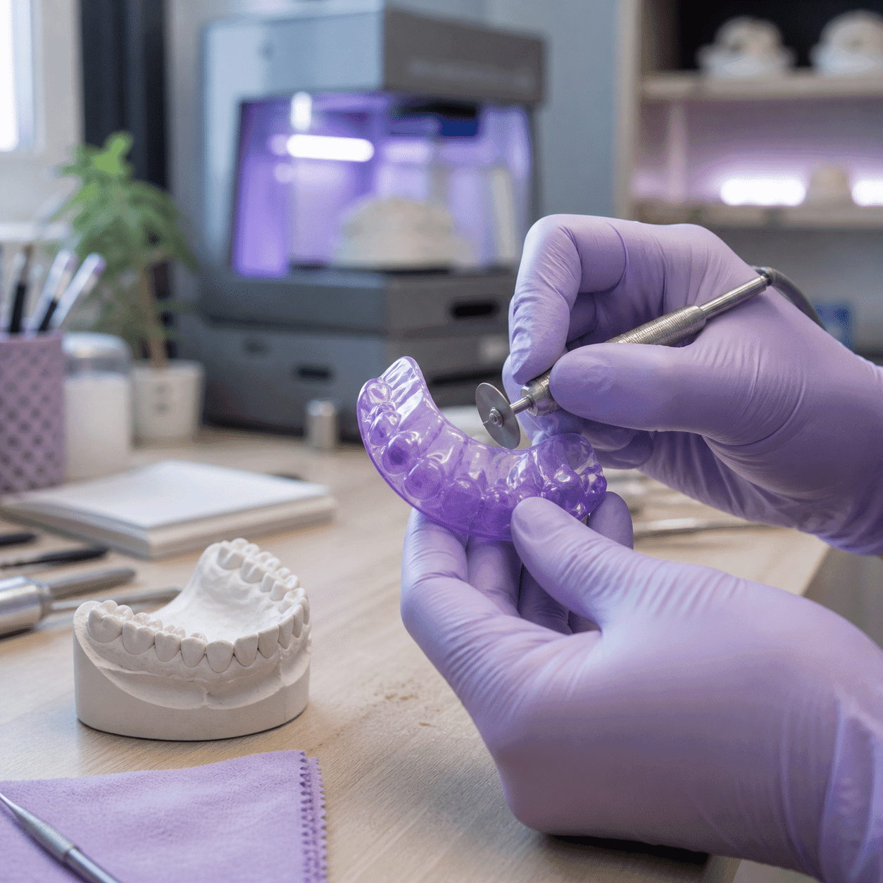 Dental lab close-up of a custom sports mouthguard being trimmed at A Dental Office, Barrie
