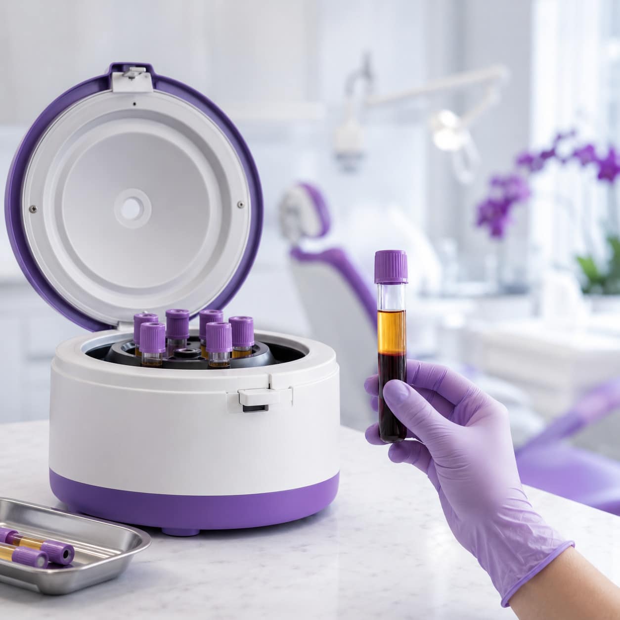 PRGF blood sample being centrifuged in-office to concentrate growth factors at A Dental Office, Barrie
