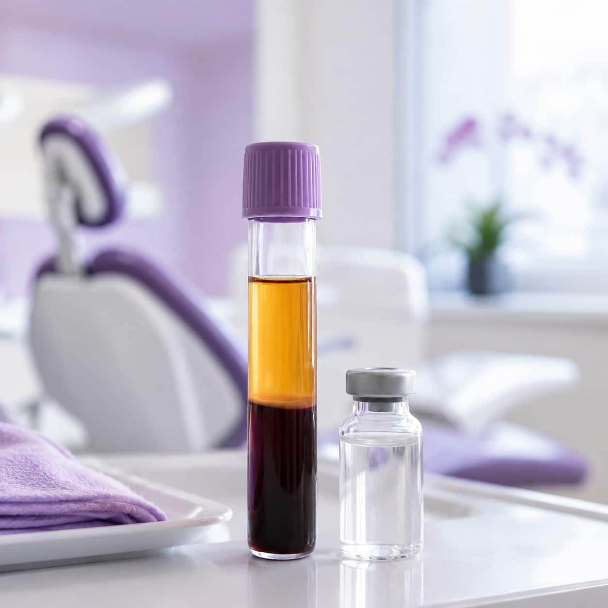 Tube of plasma rich in growth factors (PRGF / Endoret) prepared from a patient's own blood at A Dental Office in Barrie, Ontario